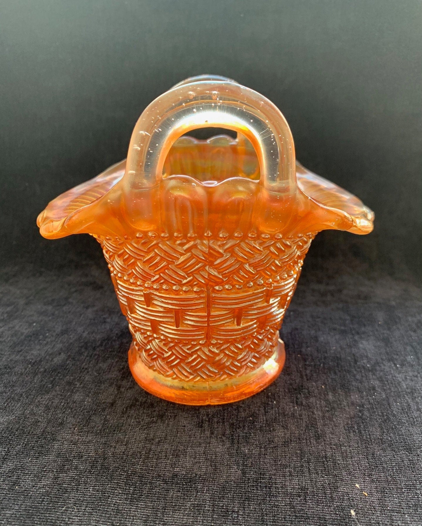 Dugan Orange Marigold Carnival Glass Beaded Basket - Vintage