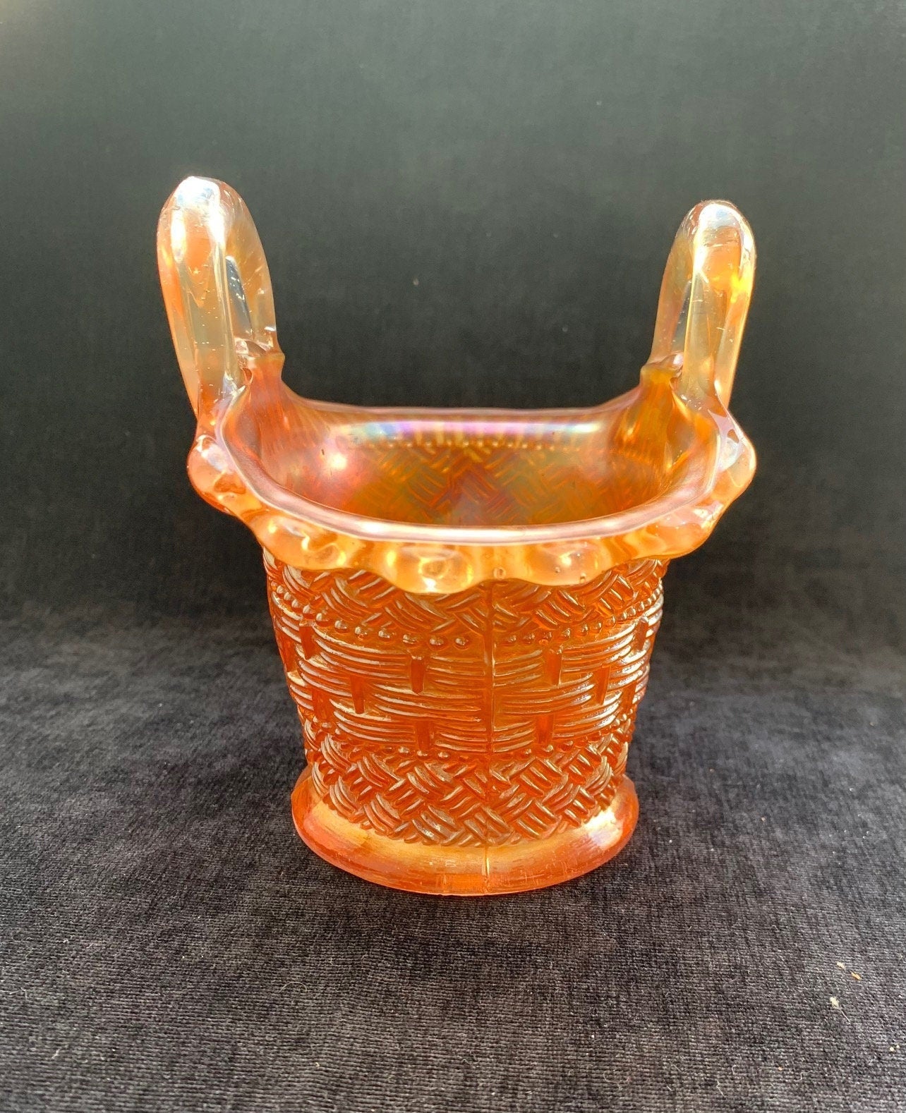 Dugan Orange Marigold Carnival Glass Beaded Basket - Vintage