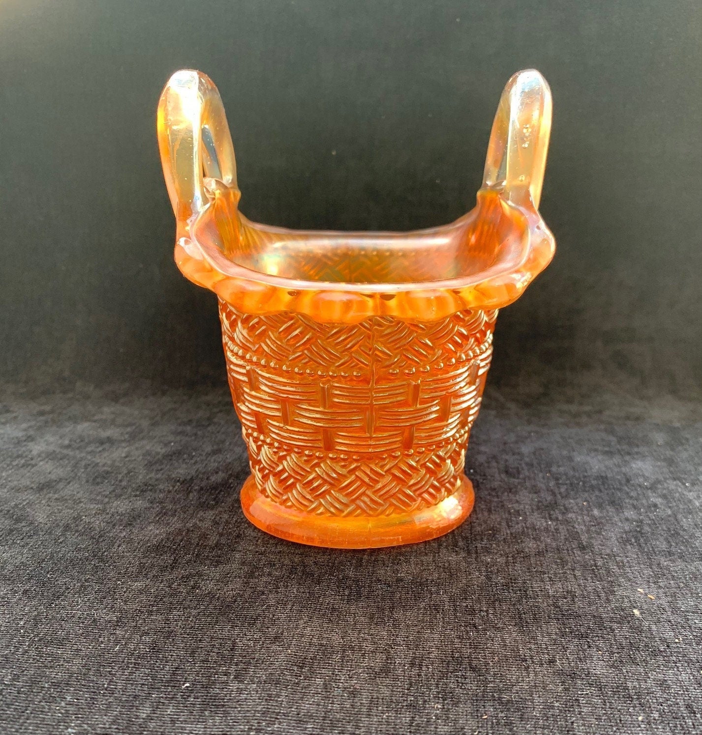 Dugan Orange Marigold Carnival Glass Beaded Basket - Vintage