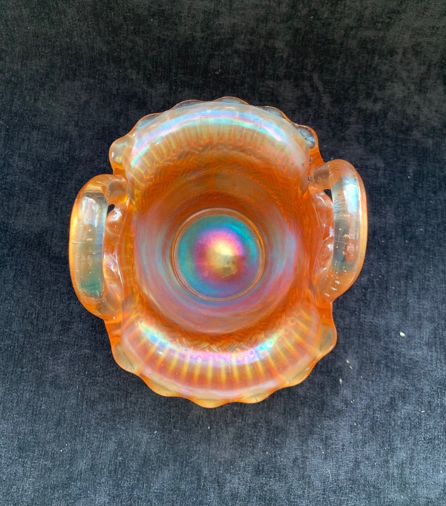 Dugan Orange Marigold Carnival Glass Beaded Basket - Vintage