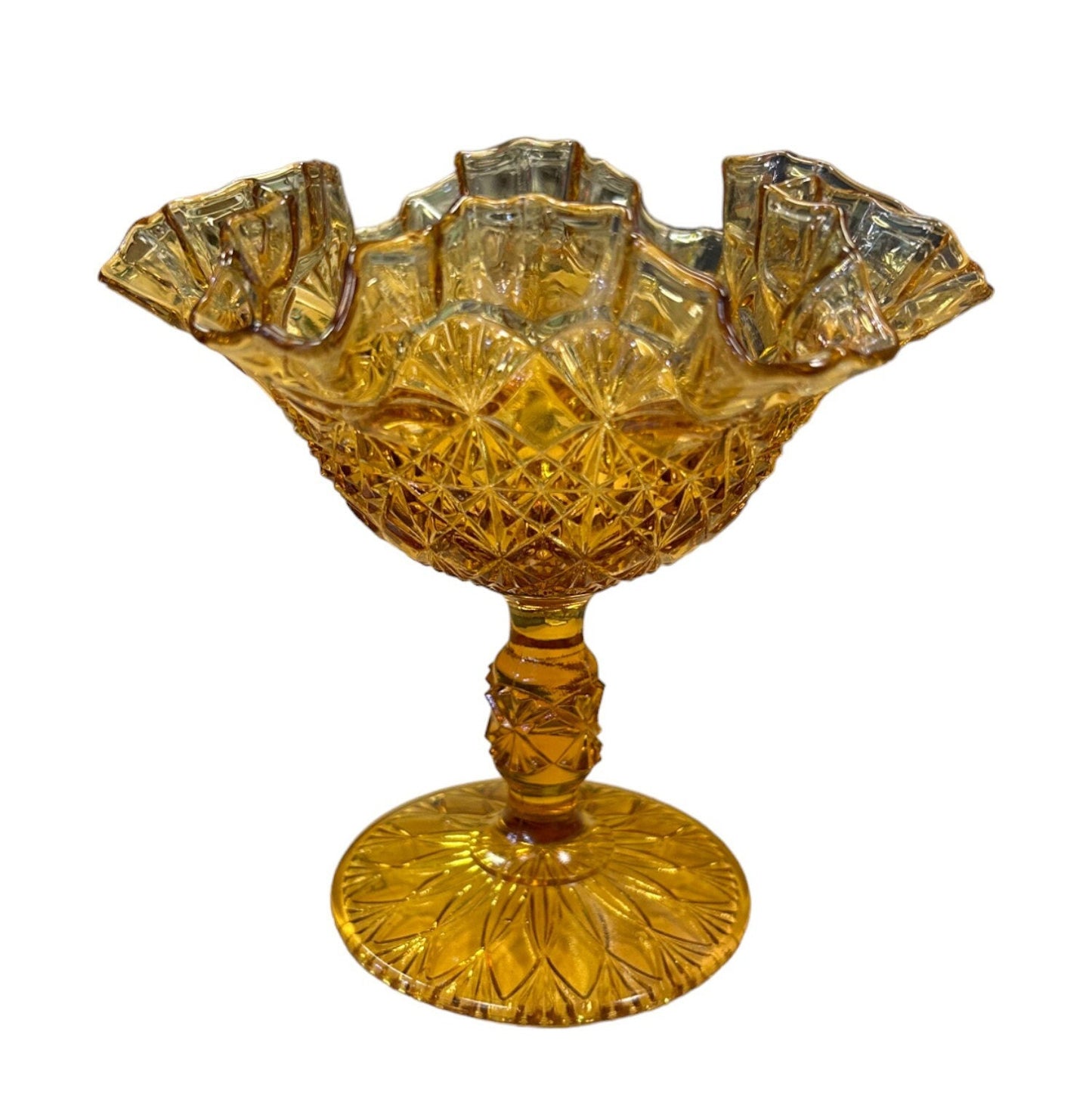 Fenton Virginia Glass- Compote Bowl- Fenton Honey Brown Crimped Ruffle Glass