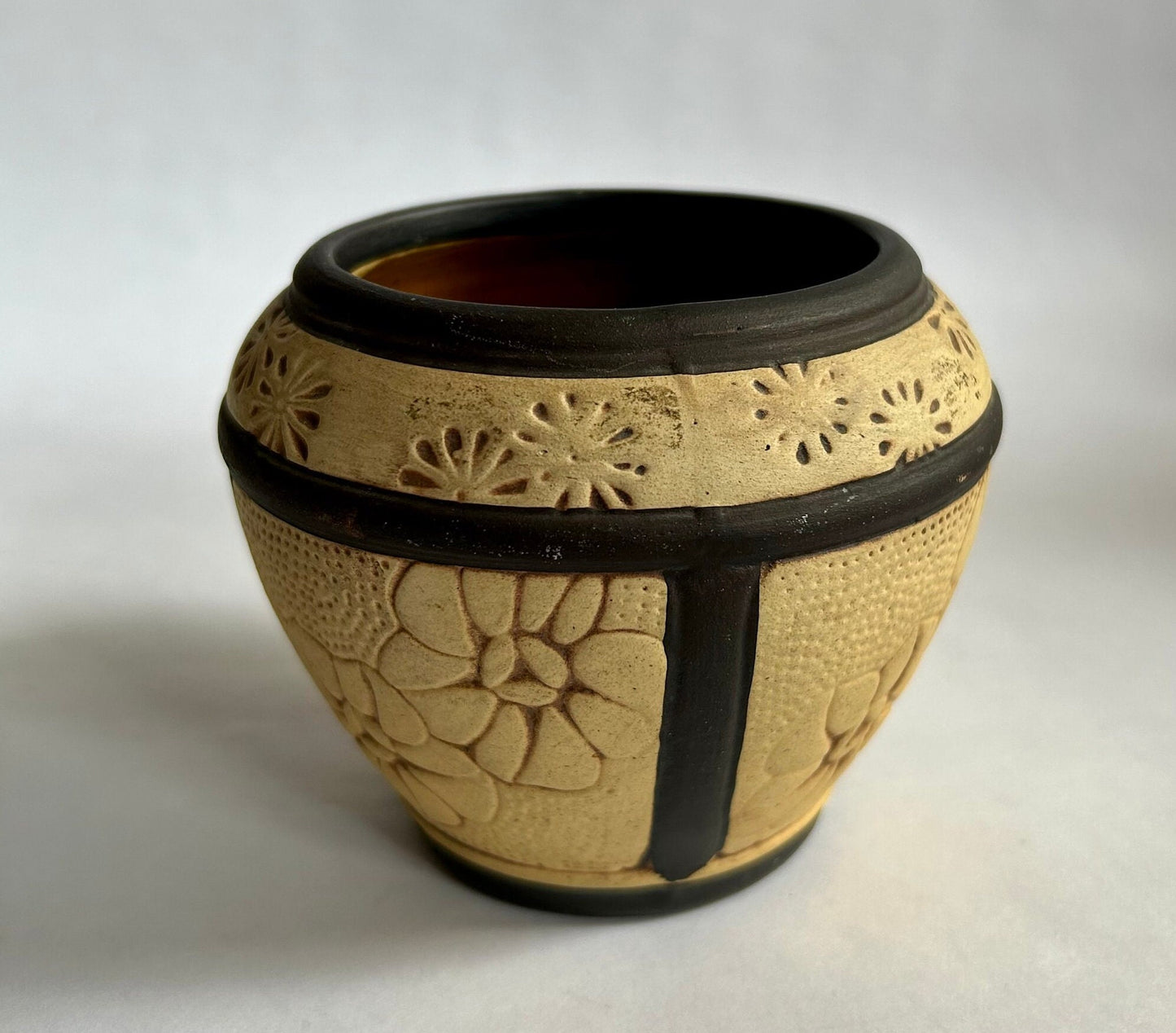 Weller Claywood Pattern Small Floral Jardiniere - Vintage 1908 - 1910 American Art Pottery - Rudolf Lorber Design - to Look Carved in Wood