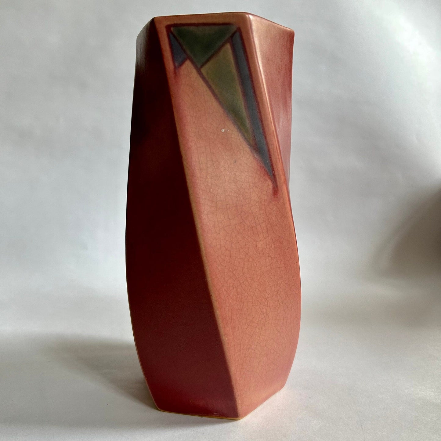 RARE Roseville 1924 Twist Futura Vase # 424-8 - Art Deco Style Vase in matt Terracotta with inserts of Blue and Green - RARE Twist Futura