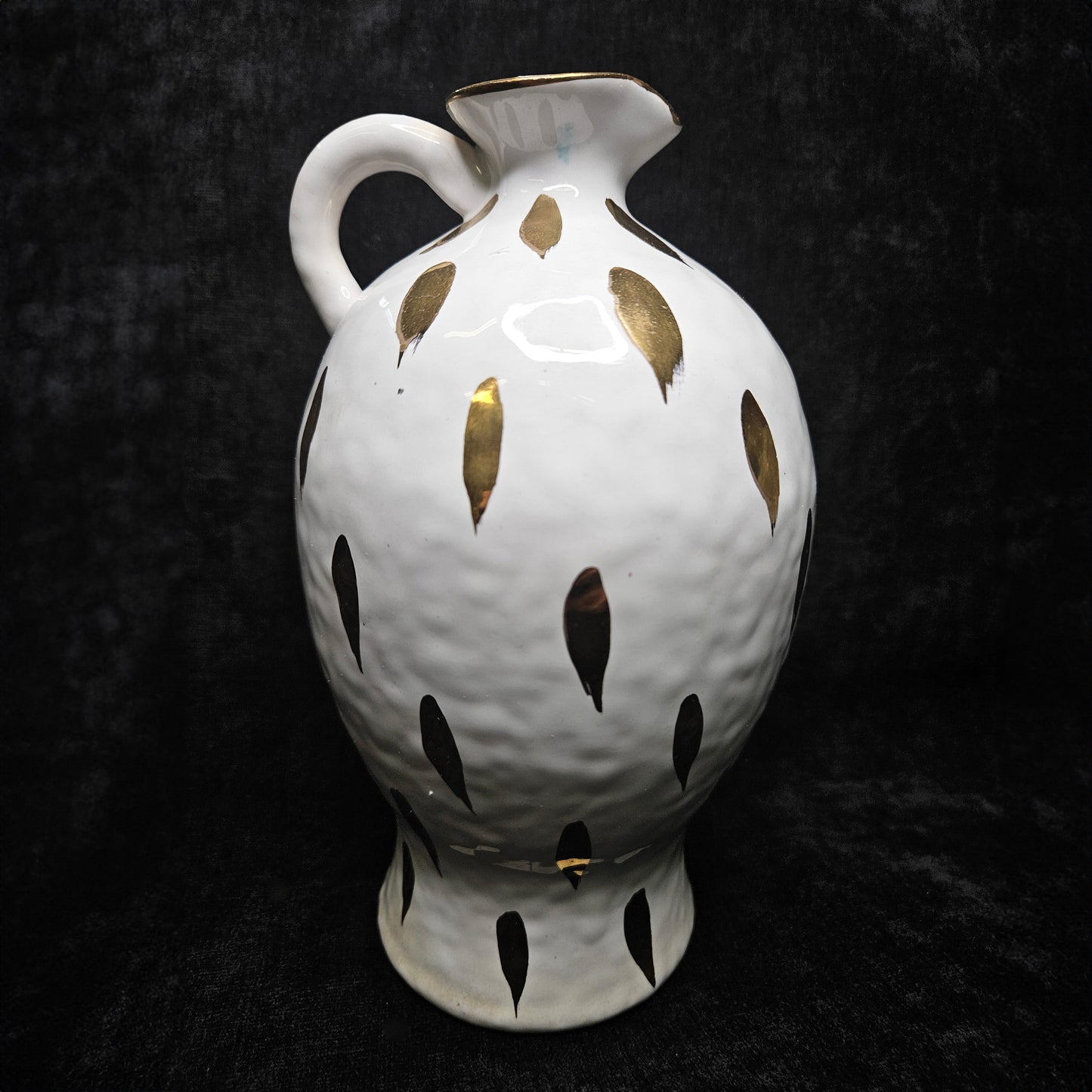 Italian Mid Century Modern Hand Thrown White and Gold Splashed Ewer/ Vase -Hand Painted Italian Decorative Ewer Vase -Retro Italian Art Vase