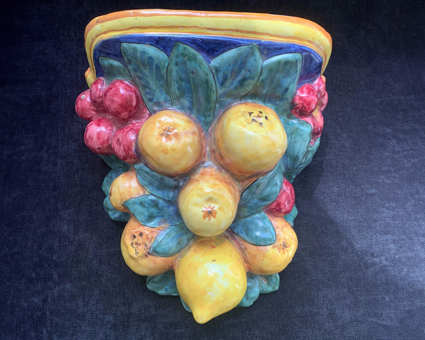 Italian Hand Painted Wall Planter with Lemon and Grape Design Signed D&G of Deruta Italy