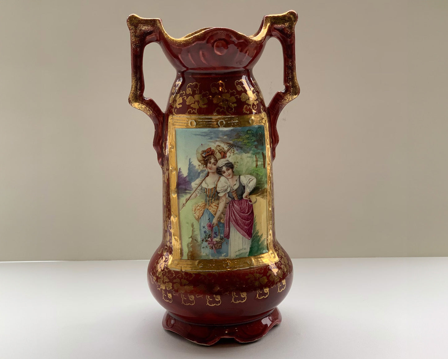Magenta Majolica Vase with Two Women in the inset Design - Antique