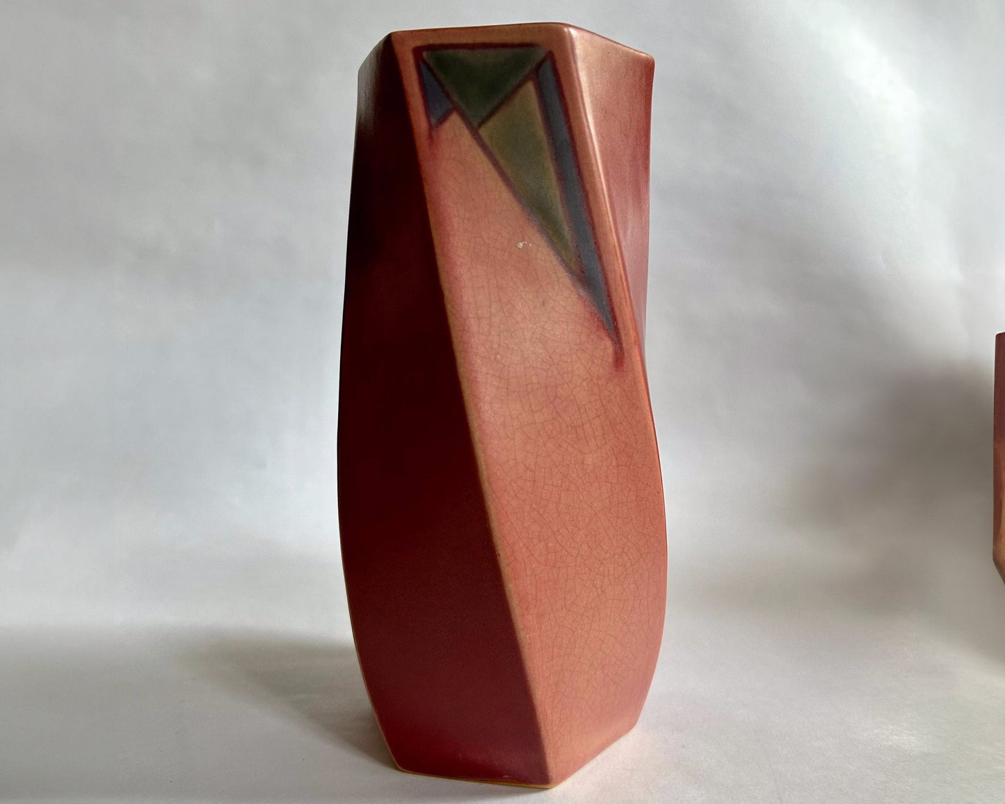 RARE Roseville 1924 Twist Futura Vase # 424-8 - Art Deco Style Vase in matt Terracotta with inserts of Blue and Green - RARE Twist Futura