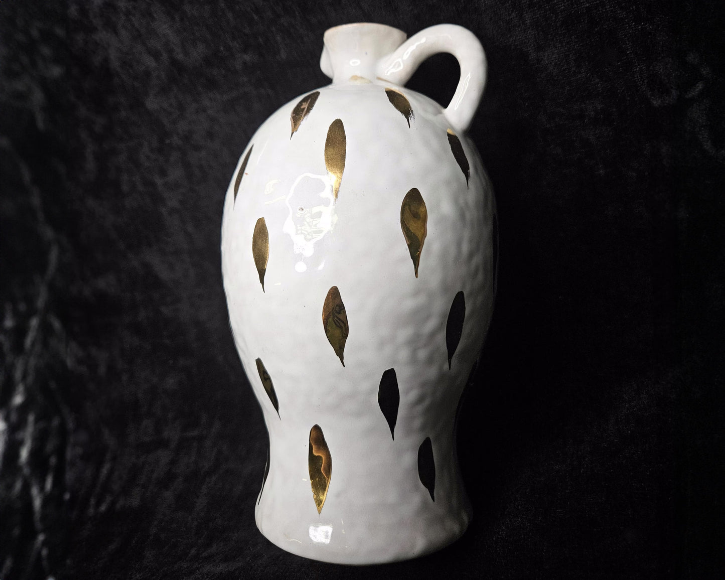 Italian Mid Century Modern Hand Thrown White and Gold Splashed Ewer/ Vase -Hand Painted Italian Decorative Ewer Vase -Retro Italian Art Vase