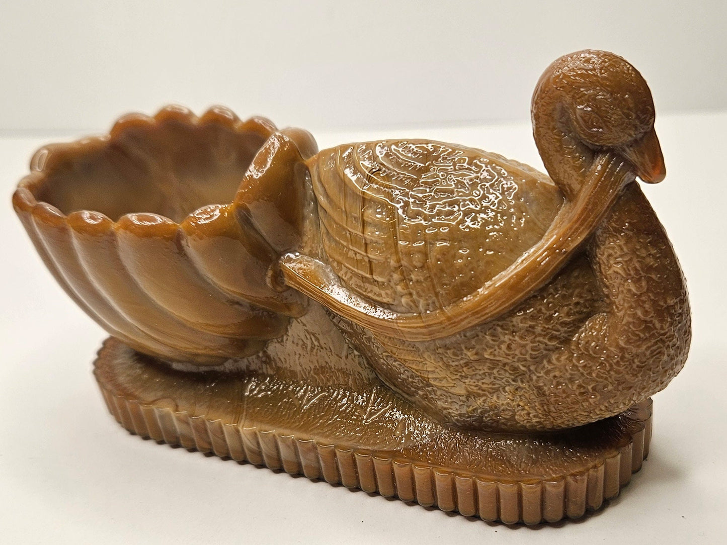 Carmel Slag Glass Swan Pulling a Shell - Victorian Slag Glass Salt- Carmel Glass Salt Dish - Brown Slag Glass Swan Pulling Shell - 5" Long