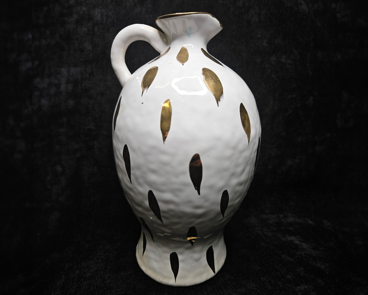 Italian Mid Century Modern Hand Thrown White and Gold Splashed Ewer/ Vase -Hand Painted Italian Decorative Ewer Vase -Retro Italian Art Vase