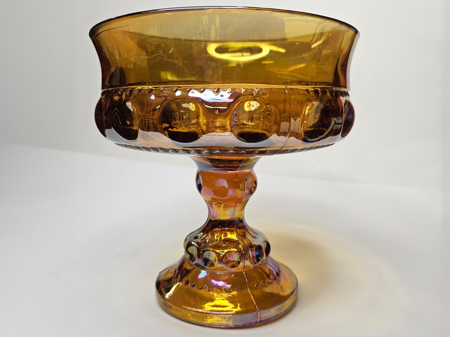 Indiana Iridescent Carnival Glass - Kings Crown Orange Amber Compote - Carnival Glass Candy Dish - Mid Century Modern 1970s