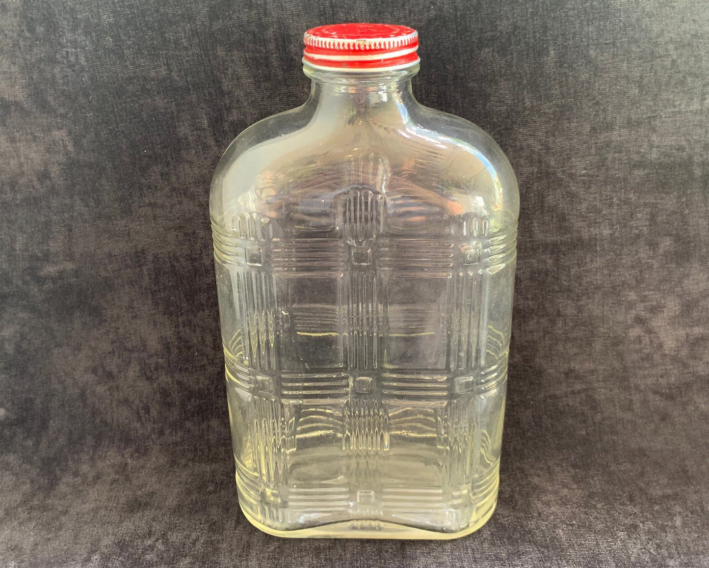 Hazel Atlas Criss Cross Clear Refrigerator Bottle with Red Screw Lid
