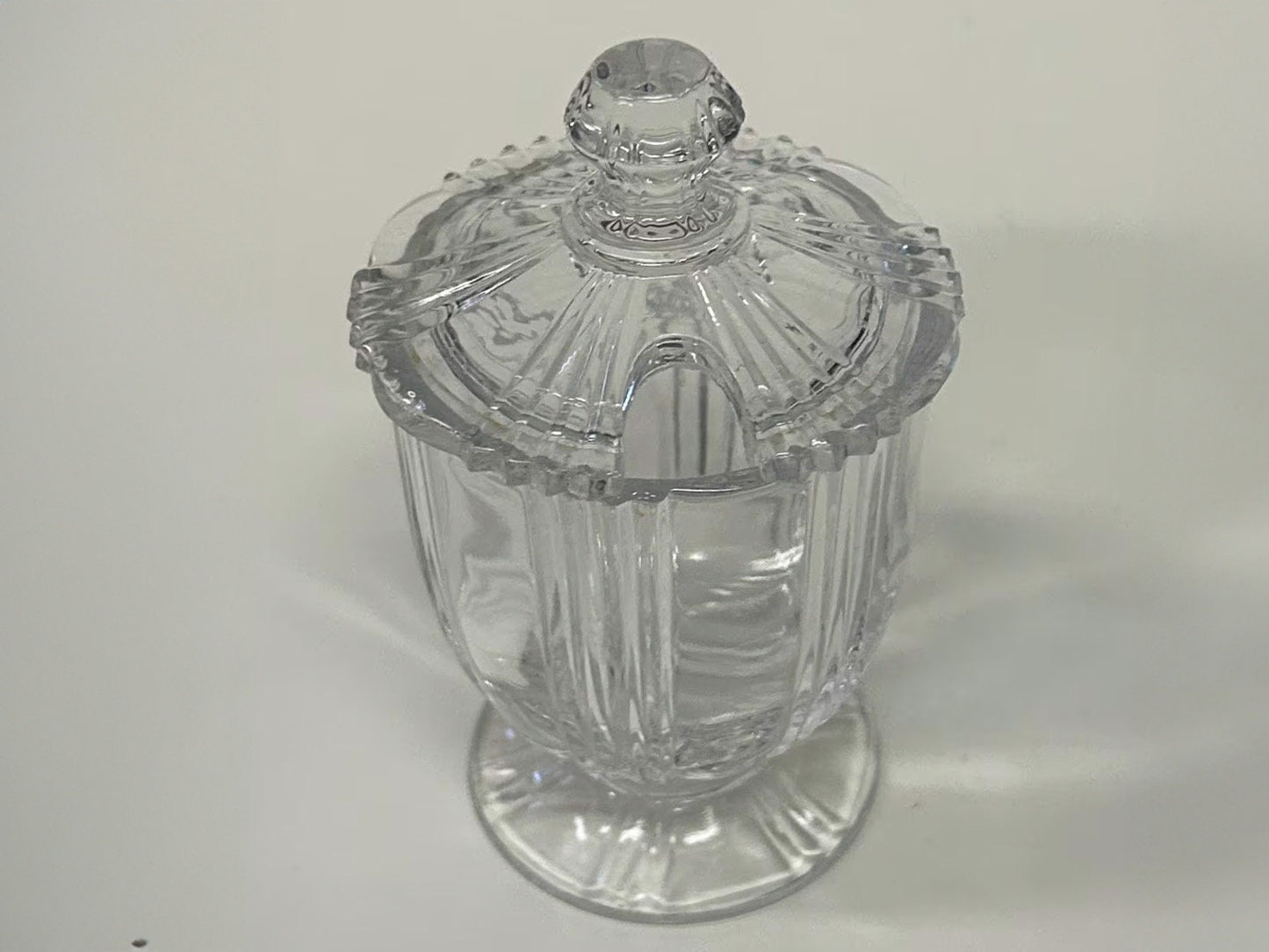 Clear Depression Glass Mustard Jar With Lid 3.5" tall - 1920s tiny Mustard jar -Perfect Size for Serving on Tray - Use with Tiny Spoon.