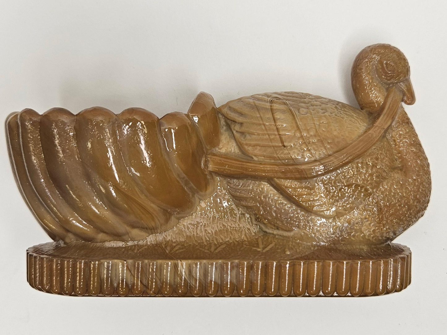 Carmel Slag Glass Swan Pulling a Shell - Victorian Slag Glass Salt- Carmel Glass Salt Dish - Brown Slag Glass Swan Pulling Shell - 5" Long