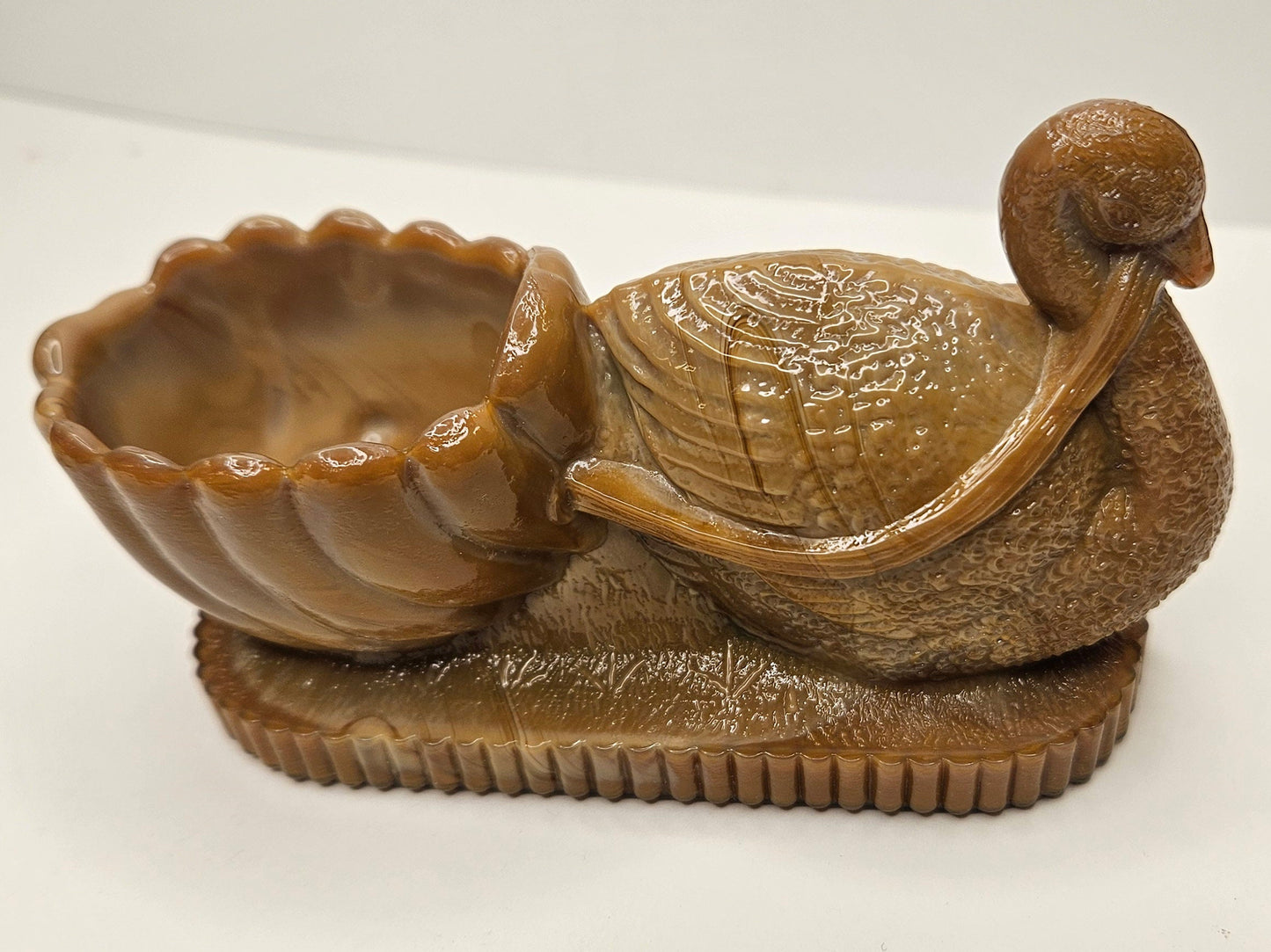 Carmel Slag Glass Swan Pulling a Shell - Victorian Slag Glass Salt- Carmel Glass Salt Dish - Brown Slag Glass Swan Pulling Shell - 5" Long