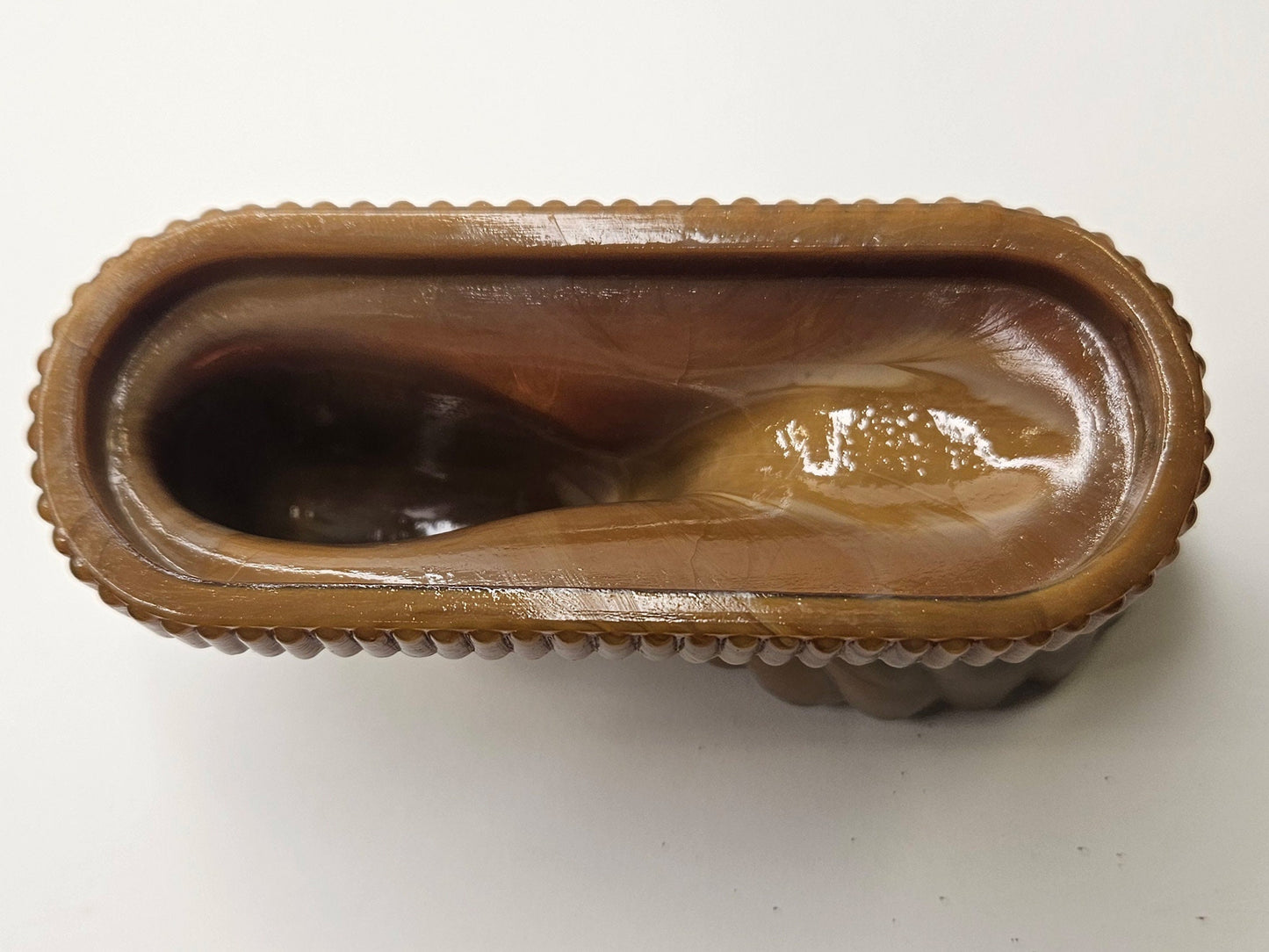 Carmel Slag Glass Swan Pulling a Shell - Victorian Slag Glass Salt- Carmel Glass Salt Dish - Brown Slag Glass Swan Pulling Shell - 5" Long