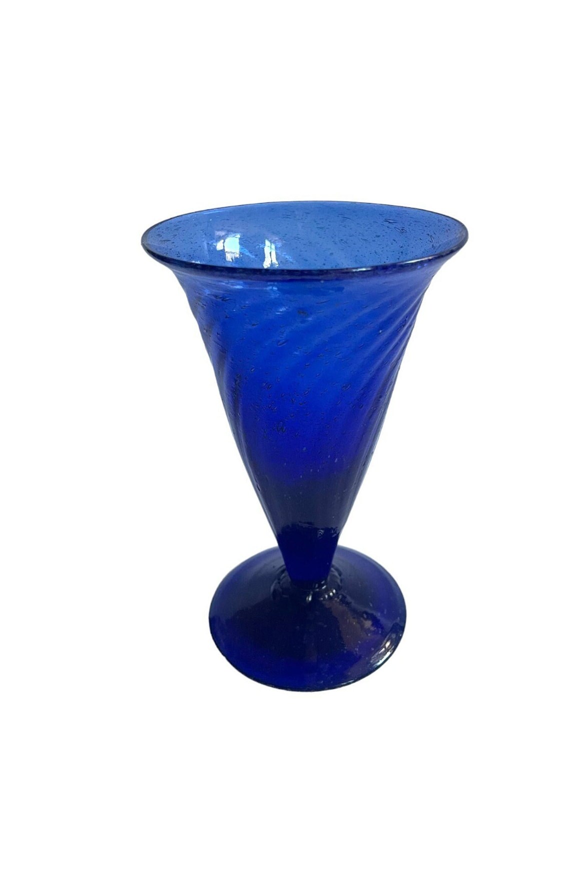 Hand Blown Swirled Cobalt Blue Fluted Glass - Fluted Wine Glass - Fluted Art Glass - Fluted Vase Glass - Lots of Bubbles in 5.2" tall Glass