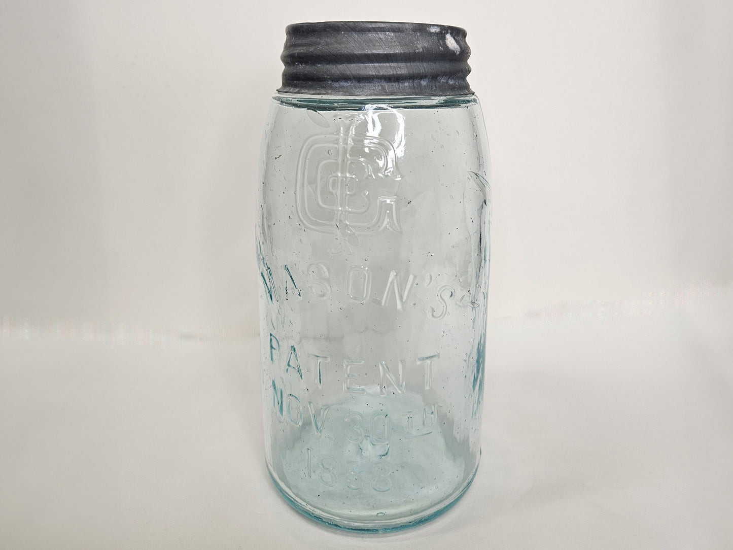 Mason's Patent Nov 30th 1858 Jar With Illinois Glass Co Logo - 1906 -1914 Glass Co Logo, # 3 on bottom - RARE Aqua Fruit Jar early 1900s