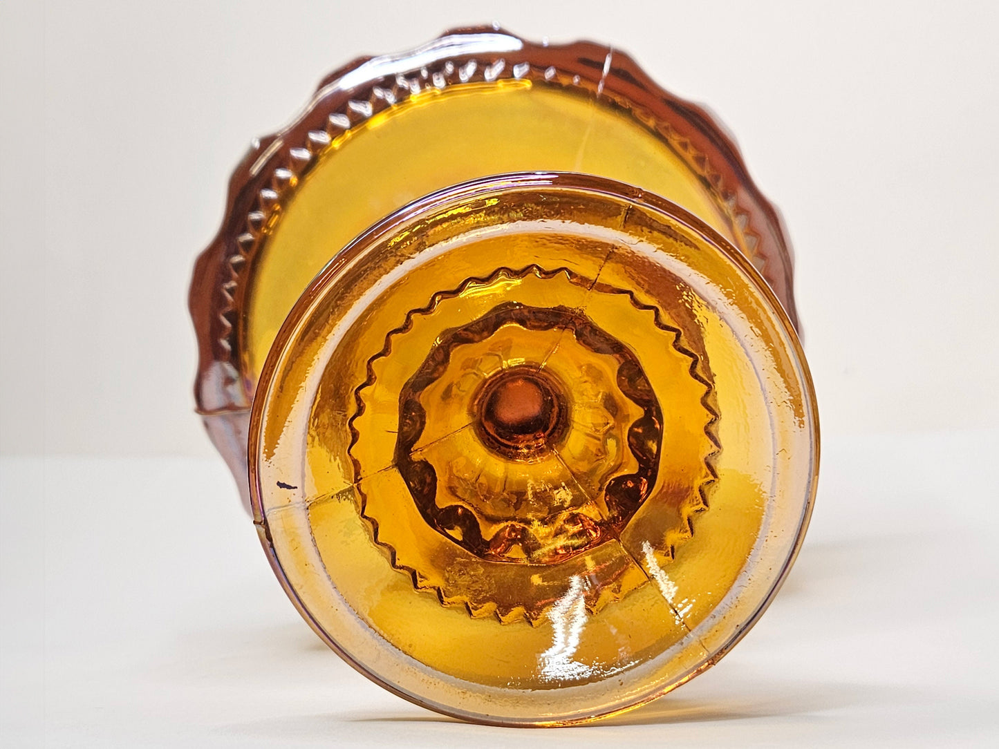 Indiana Iridescent Carnival Glass - Kings Crown Orange Amber Compote - Carnival Glass Candy Dish - Mid Century Modern 1970s