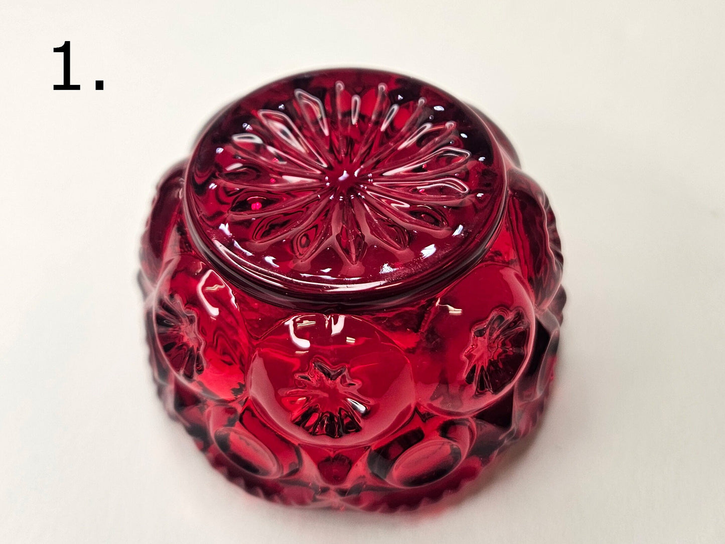 L. E. Smith Moon and Stars Salt Cellars and Toothpick Holders- Ruby and Amberina Color Glass- 4 Sold Individually -all perfect condition
