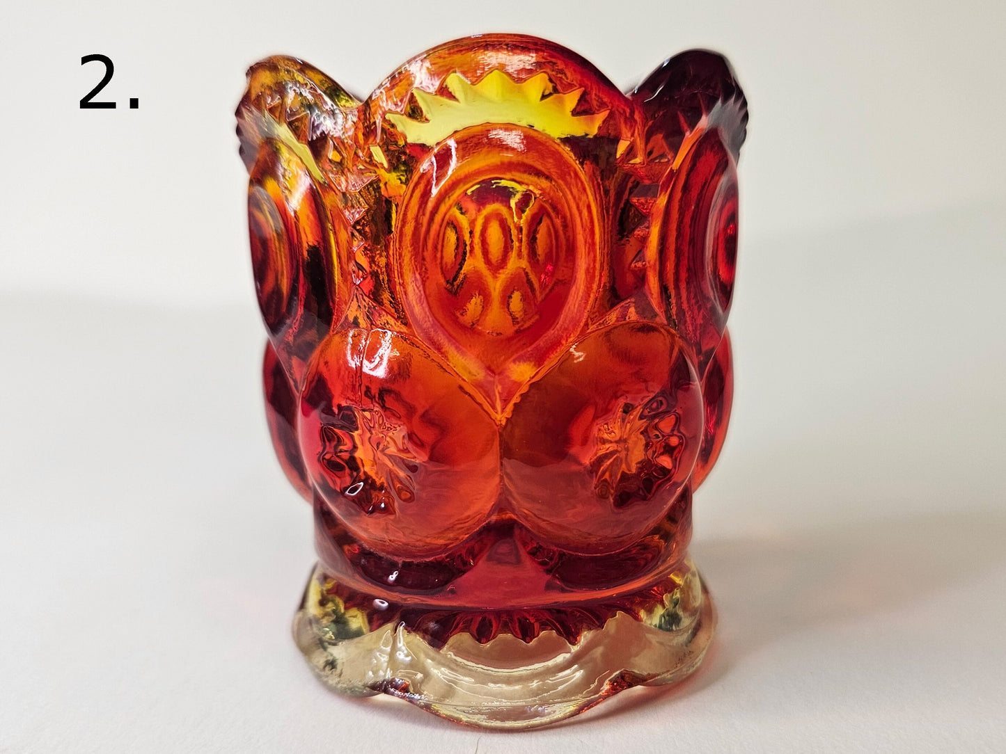 L. E. Smith Moon and Stars Salt Cellars and Toothpick Holders- Ruby and Amberina Color Glass- 4 Sold Individually -all perfect condition