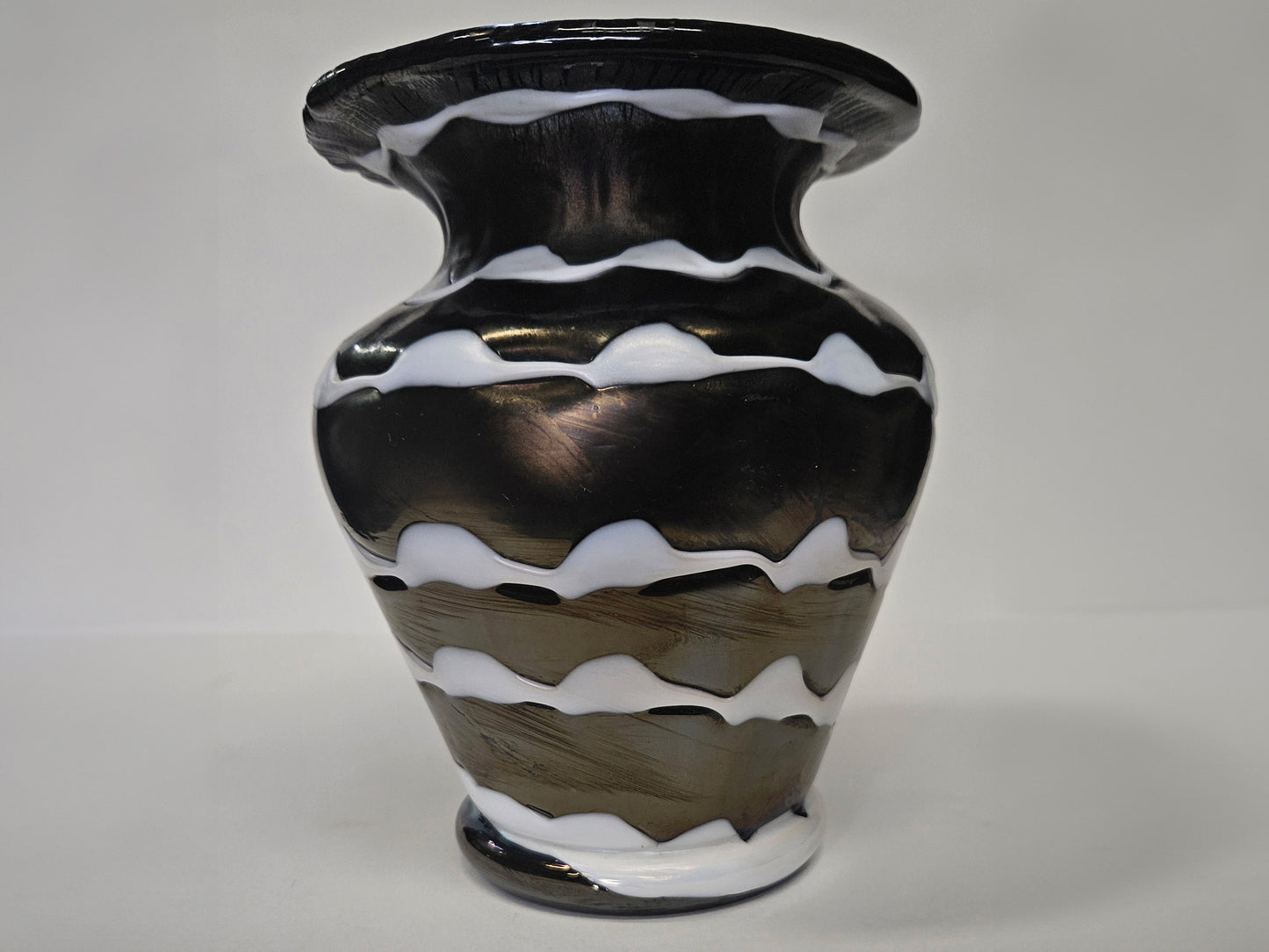 Loetz Iridescent Art Glass Vase- Iridescent Black And White Drip Glaze- Amethyst Iridescent Glass Art Nouveau Era - Signed Loetz on Pontil