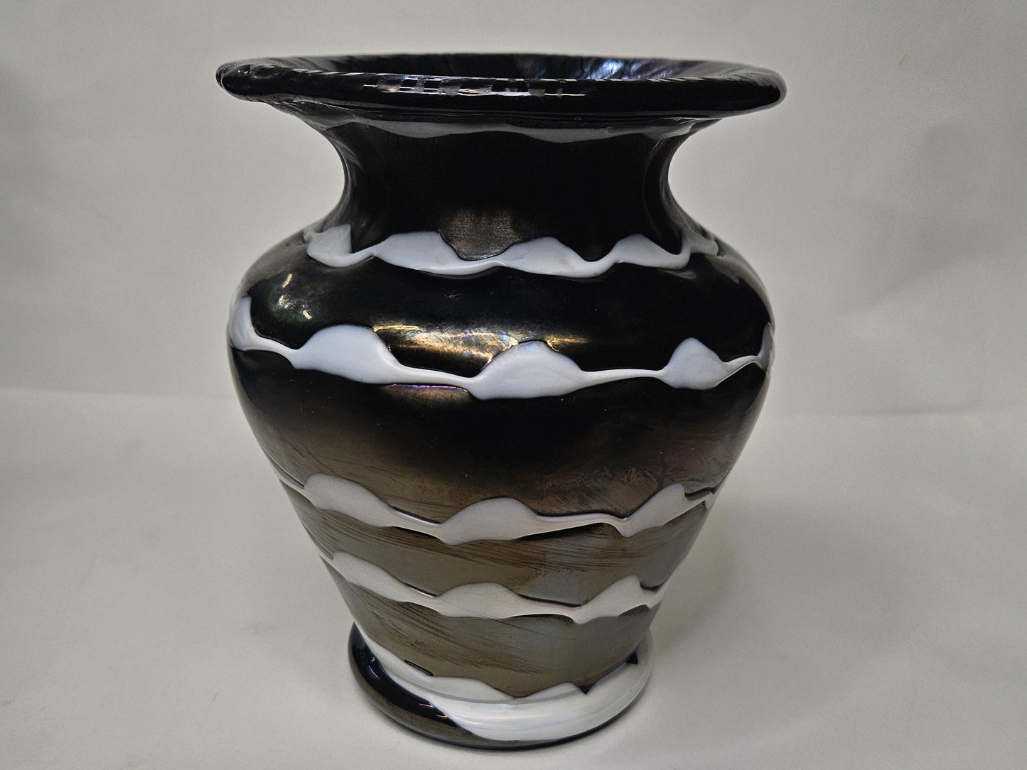 Loetz Iridescent Art Glass Vase- Iridescent Black And White Drip Glaze- Amethyst Iridescent Glass Art Nouveau Era - Signed Loetz on Pontil