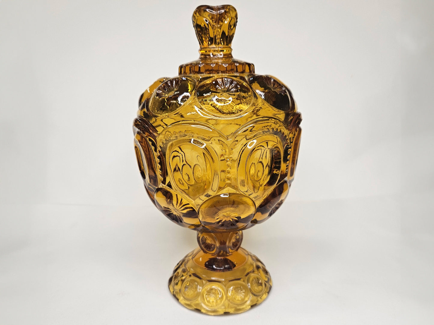 L. E. Smith Moon and Stars Covered Compote - Pattern Glass Candy Dish- Amber Yellow Footed Pedestal Compote - Hard to Find Moon and Stars