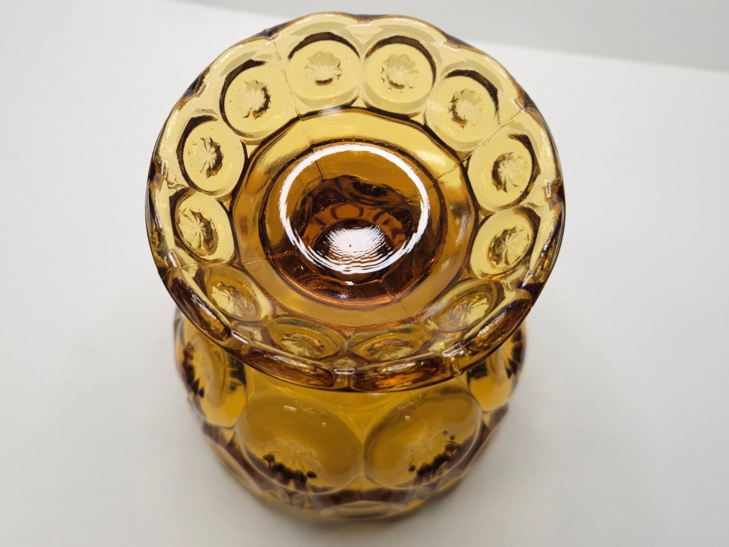 L. E. Smith Moon and Stars Covered Compote - Pattern Glass Candy Dish- Amber Yellow Footed Pedestal Compote - Hard to Find Moon and Stars