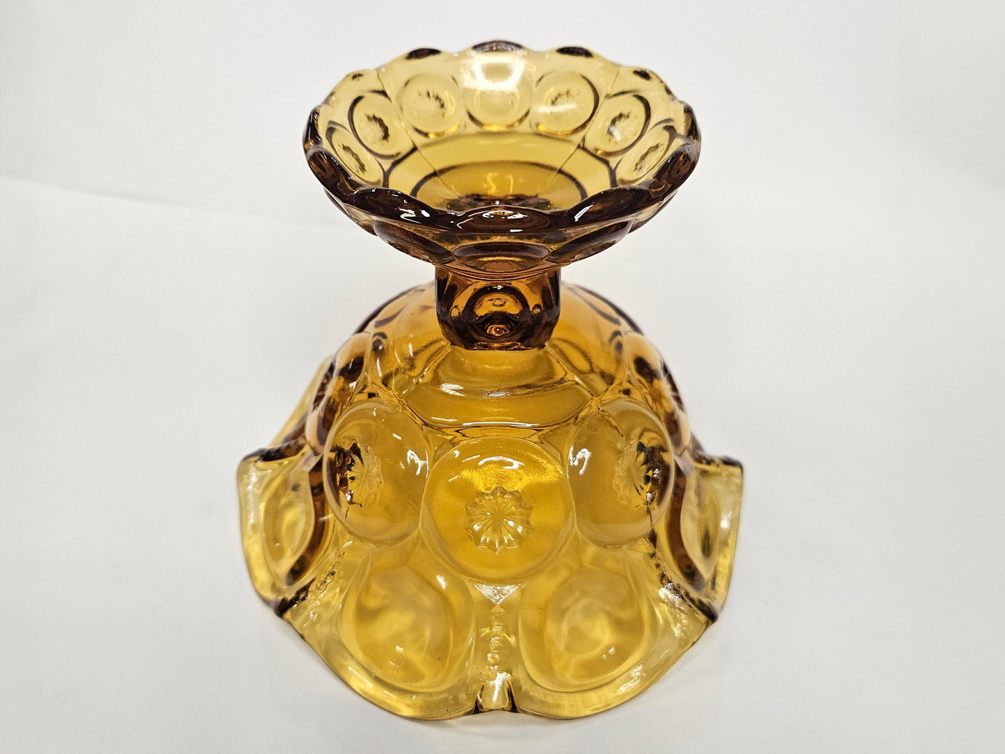 L.E. Smith Moon and Stars Footed Compote with Scallop Edge -Pattern Glass Moon and Stars Candy Dish -Honey-amber Glass Compote - 6" W x 5" H