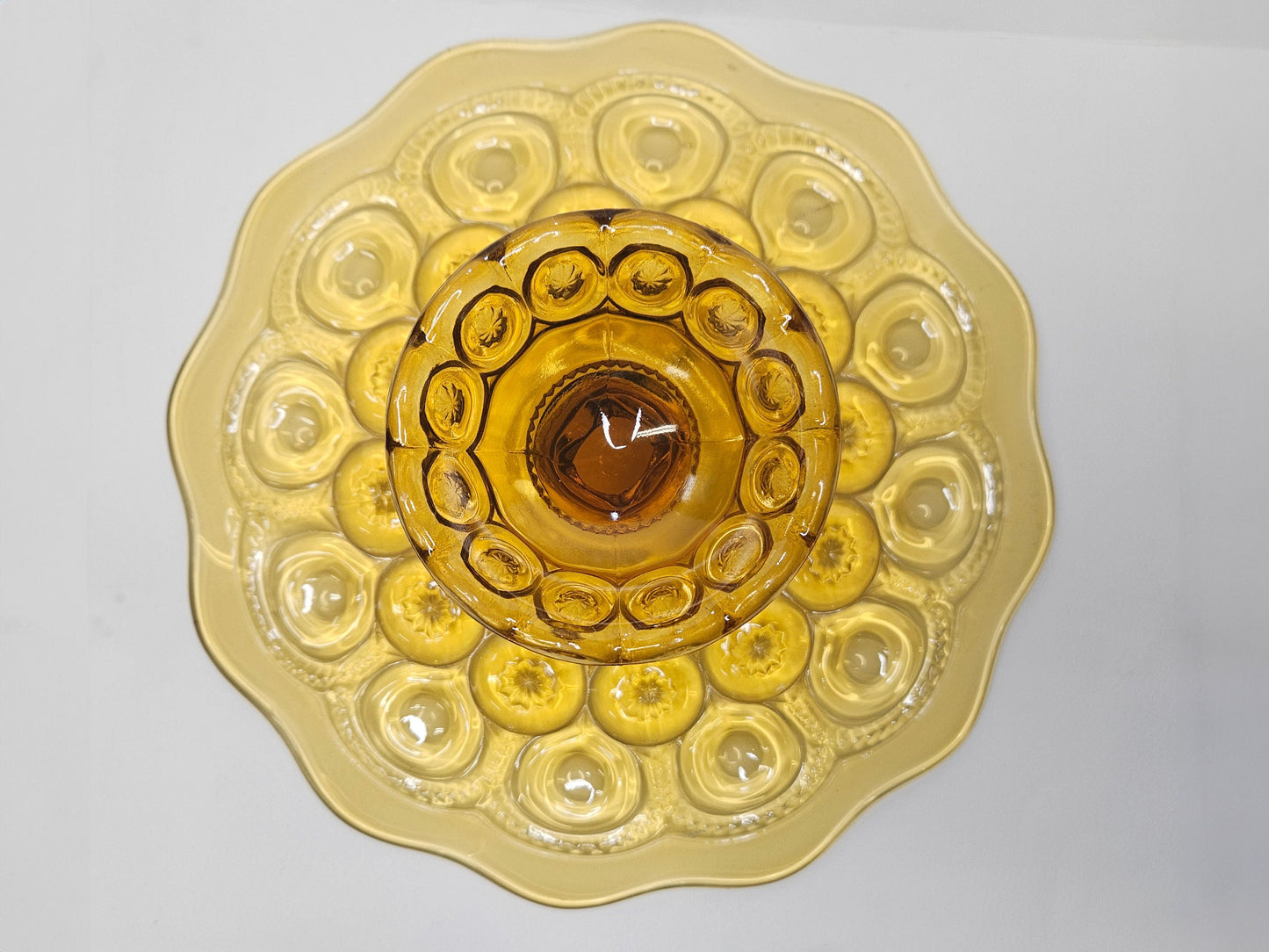 L.E. Smith Moon & Stars HoneyAmber Glass Cake Stand - Pressed Glass 10.5" Pedestal Cake Plate with Scalloped Edge - Footed Charcuterie Tray