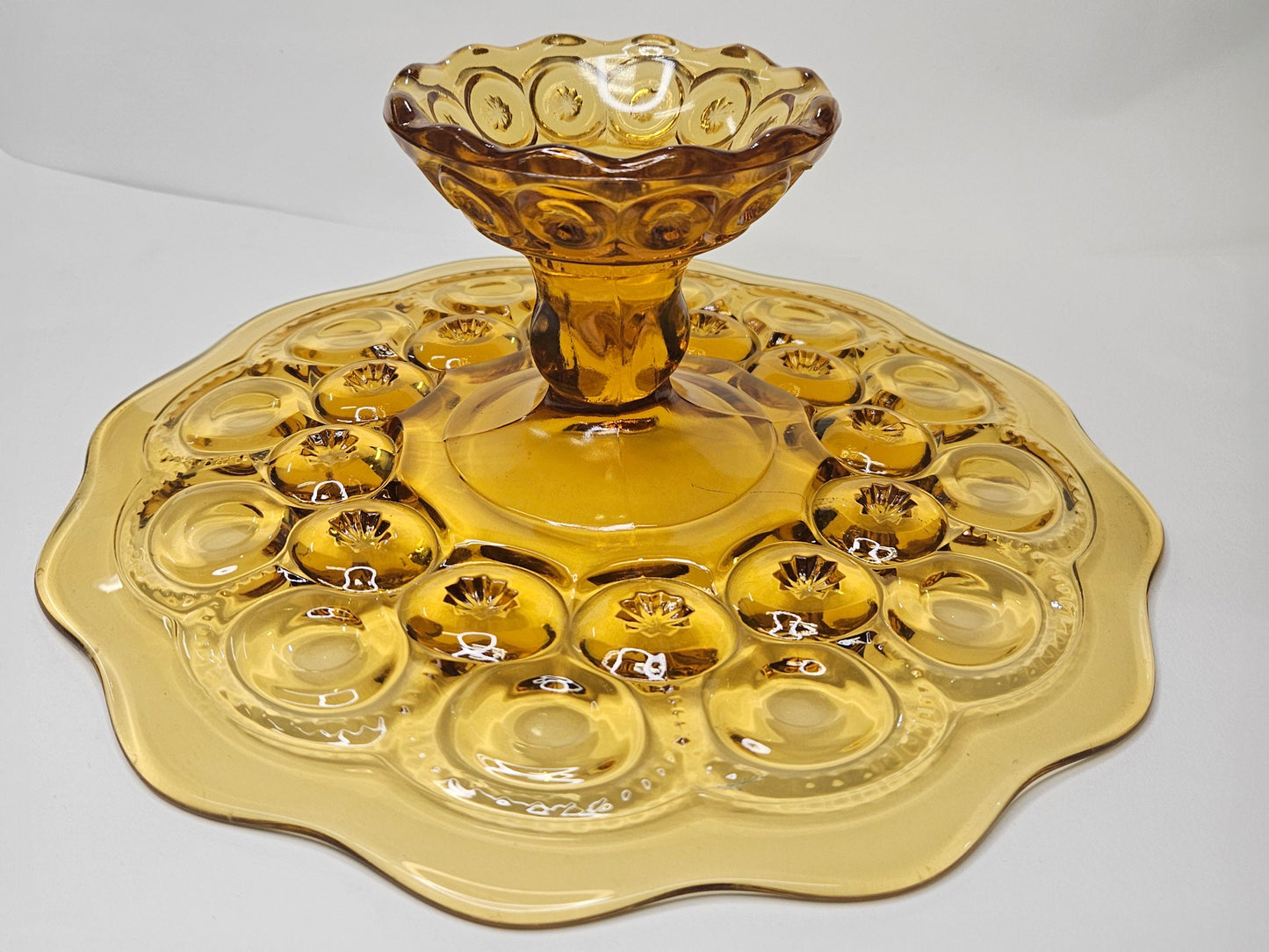 L.E. Smith Moon & Stars HoneyAmber Glass Cake Stand - Pressed Glass 10.5" Pedestal Cake Plate with Scalloped Edge - Footed Charcuterie Tray