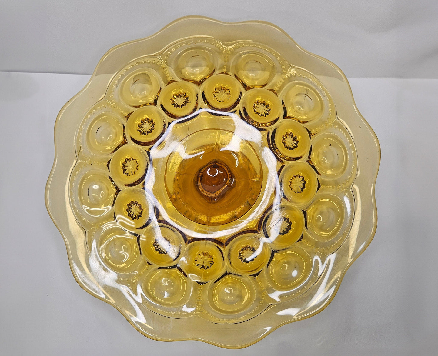 L.E. Smith Moon & Stars HoneyAmber Glass Cake Stand - Pressed Glass 10.5" Pedestal Cake Plate with Scalloped Edge - Footed Charcuterie Tray