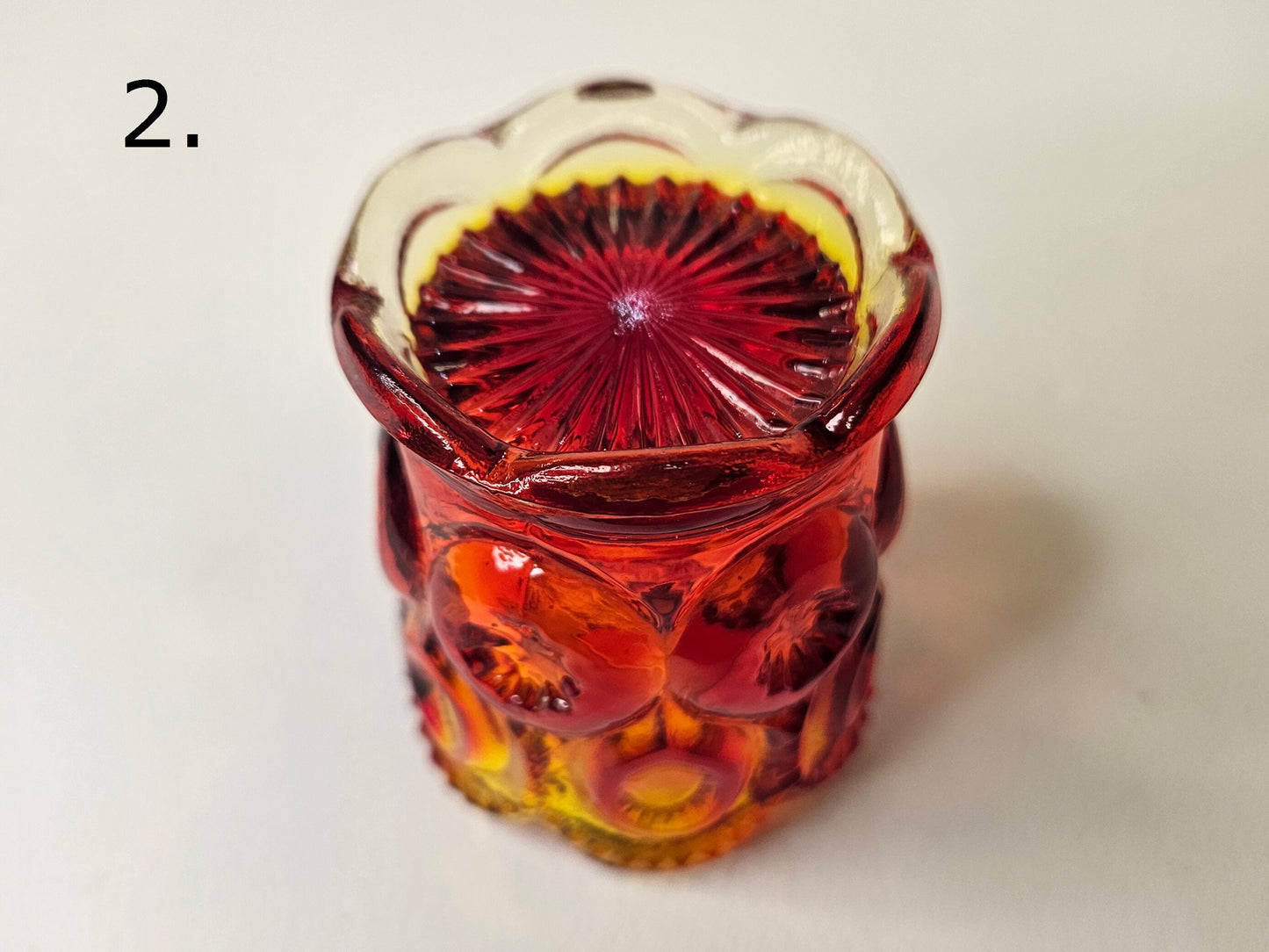 L. E. Smith Moon and Stars Salt Cellars and Toothpick Holders- Ruby and Amberina Color Glass- 4 Sold Individually -all perfect condition