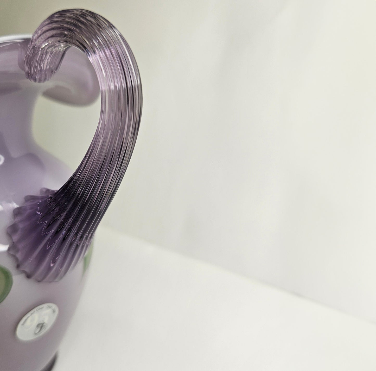 Hand Painted Fenton Ruffle Top Pitcher- Lavender Dragonfly Art Glass- 95th Anniversary Spiral Optic Handle- Signed By N. Beer
