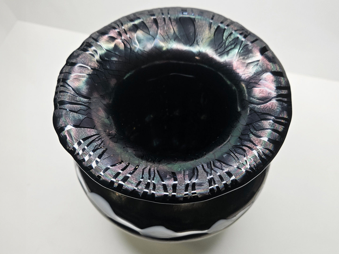 Loetz Iridescent Art Glass Vase- Iridescent Black And White Drip Glaze- Amethyst Iridescent Glass Art Nouveau Era - Signed Loetz on Pontil