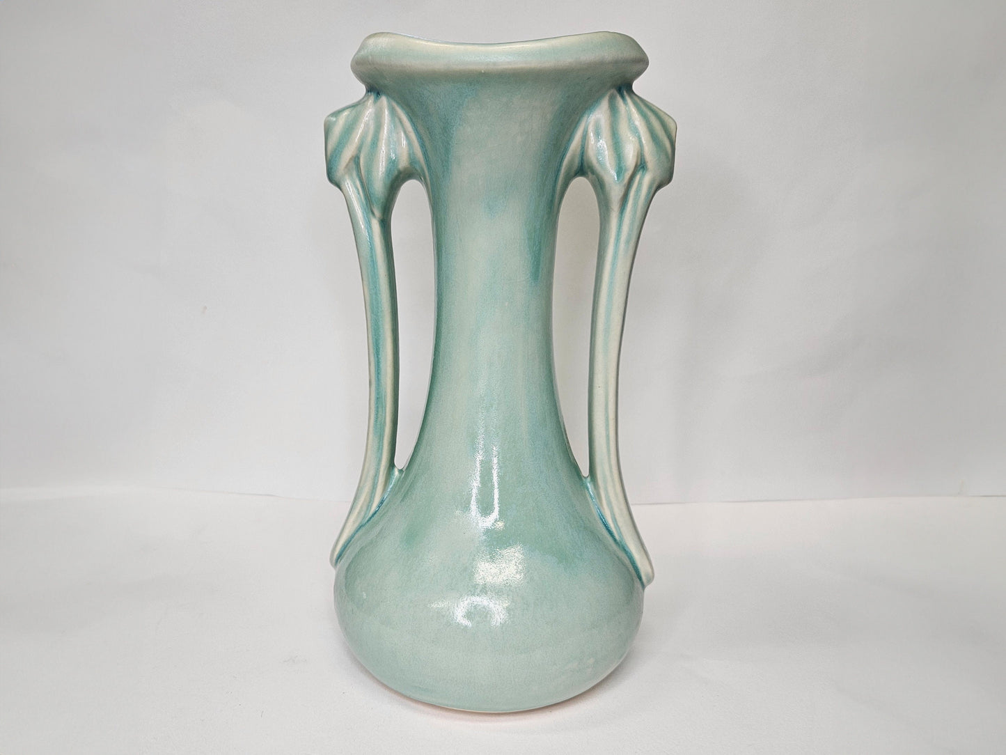 McCoy 1940s Matte Turquoise 9.5" H Vase - Two Handled McCoy Vase- McCoy Vase with Art Deco Style - McCoy At Pottery - Elegant Vase