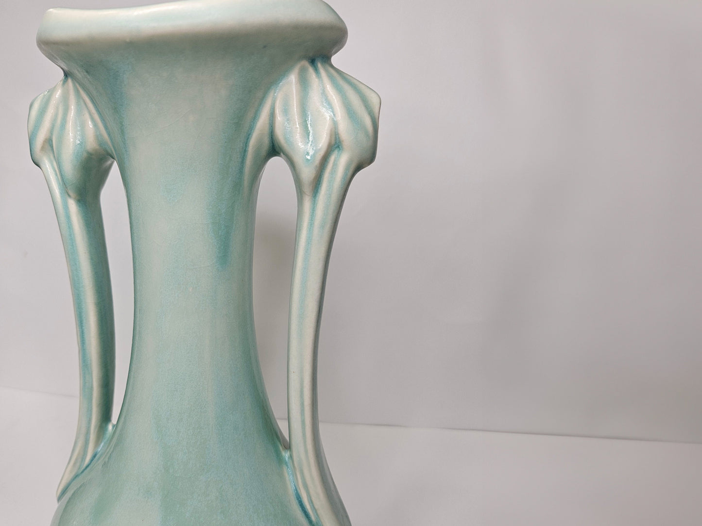 McCoy 1940s Matte Turquoise 9.5" H Vase - Two Handled McCoy Vase- McCoy Vase with Art Deco Style - McCoy At Pottery - Elegant Vase