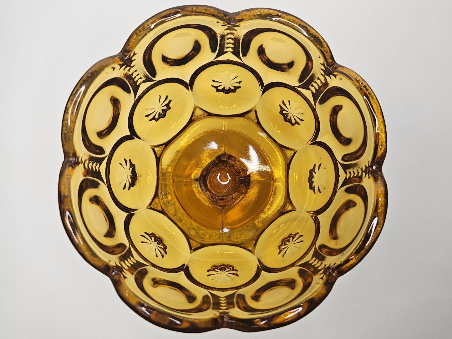 L. E. Smith Moon and Stars Covered Compote - Pattern Glass Candy Dish- Amber Yellow Footed Pedestal Compote - Hard to Find Moon and Stars