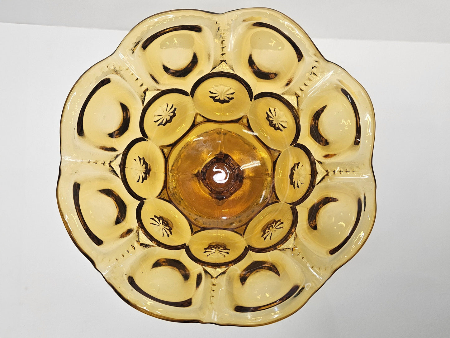 L.E. Smith Moon and Stars Footed Compote with Scallop Edge -Pattern Glass Moon and Stars Candy Dish -Honey-amber Glass Compote - 6" W x 5" H