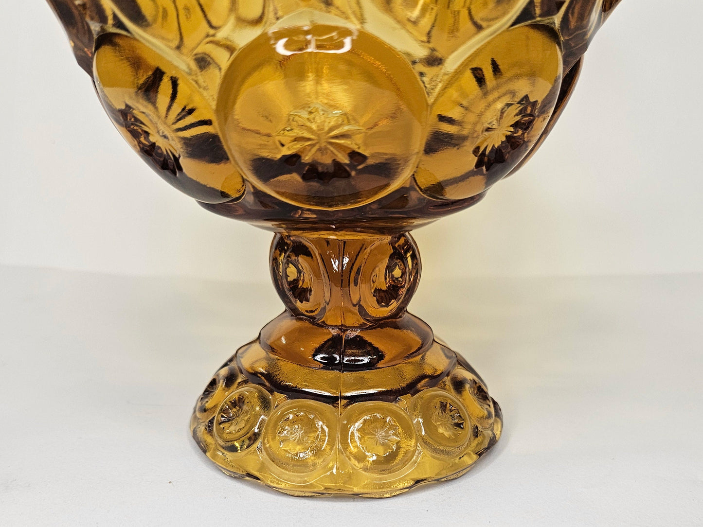 L.E. Smith Moon and Stars Footed Compote with Scallop Edge -Pattern Glass Moon and Stars Candy Dish -Honey-amber Glass Compote - 6" W x 5" H