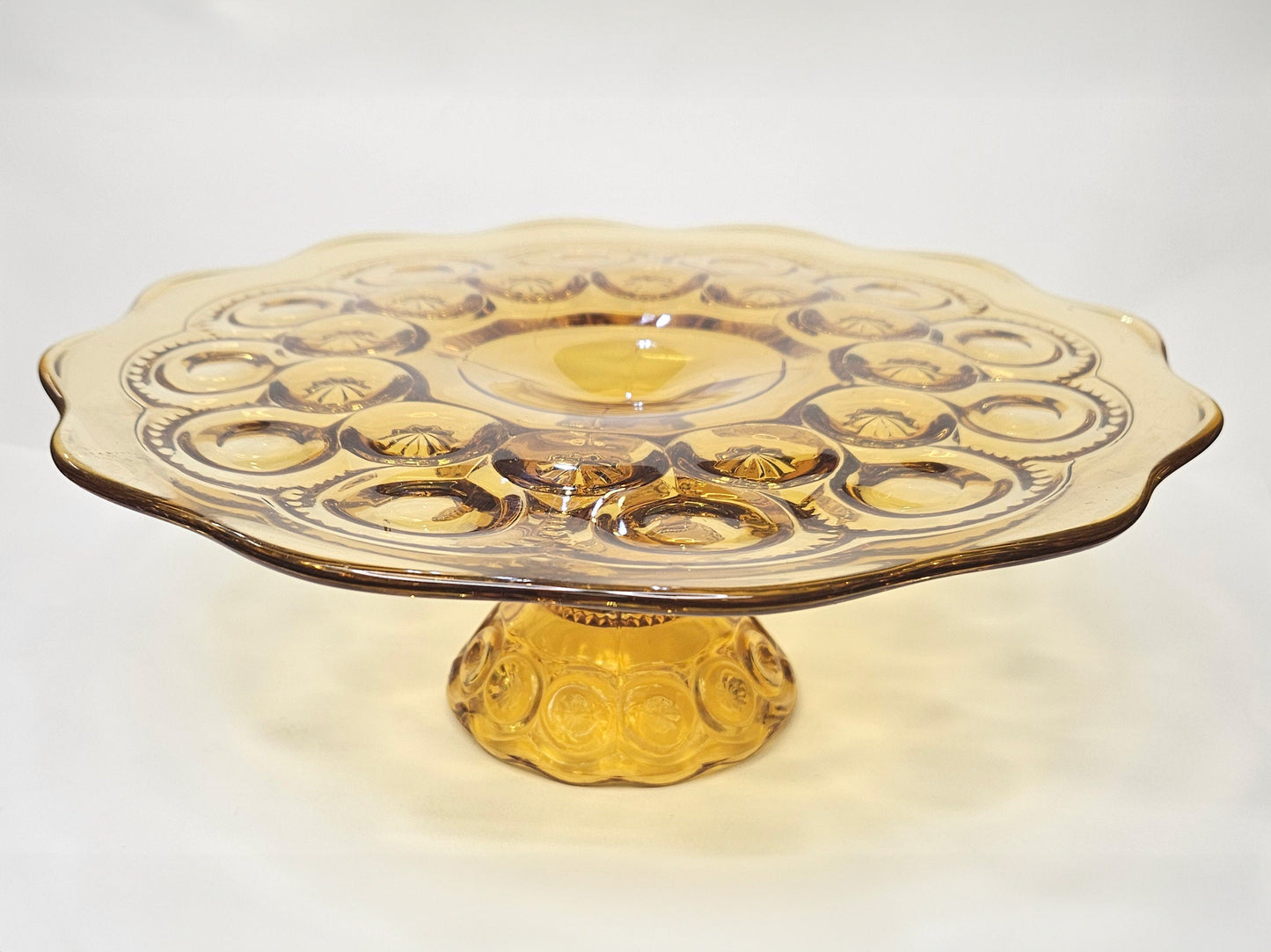 L.E. Smith Moon & Stars HoneyAmber Glass Cake Stand - Pressed Glass 10.5" Pedestal Cake Plate with Scalloped Edge - Footed Charcuterie Tray