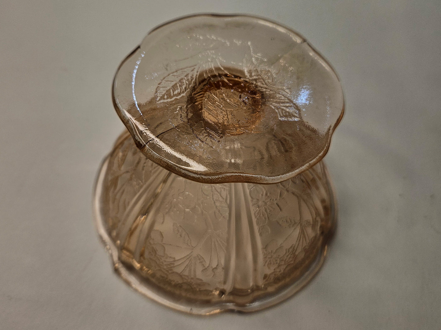 Jeannette Blush Pink Cherry Blossom Pattern Pedestal Dessert Cup - 2 Available Sold Individually - Pink Depression Glass Embossed Dessert Cup