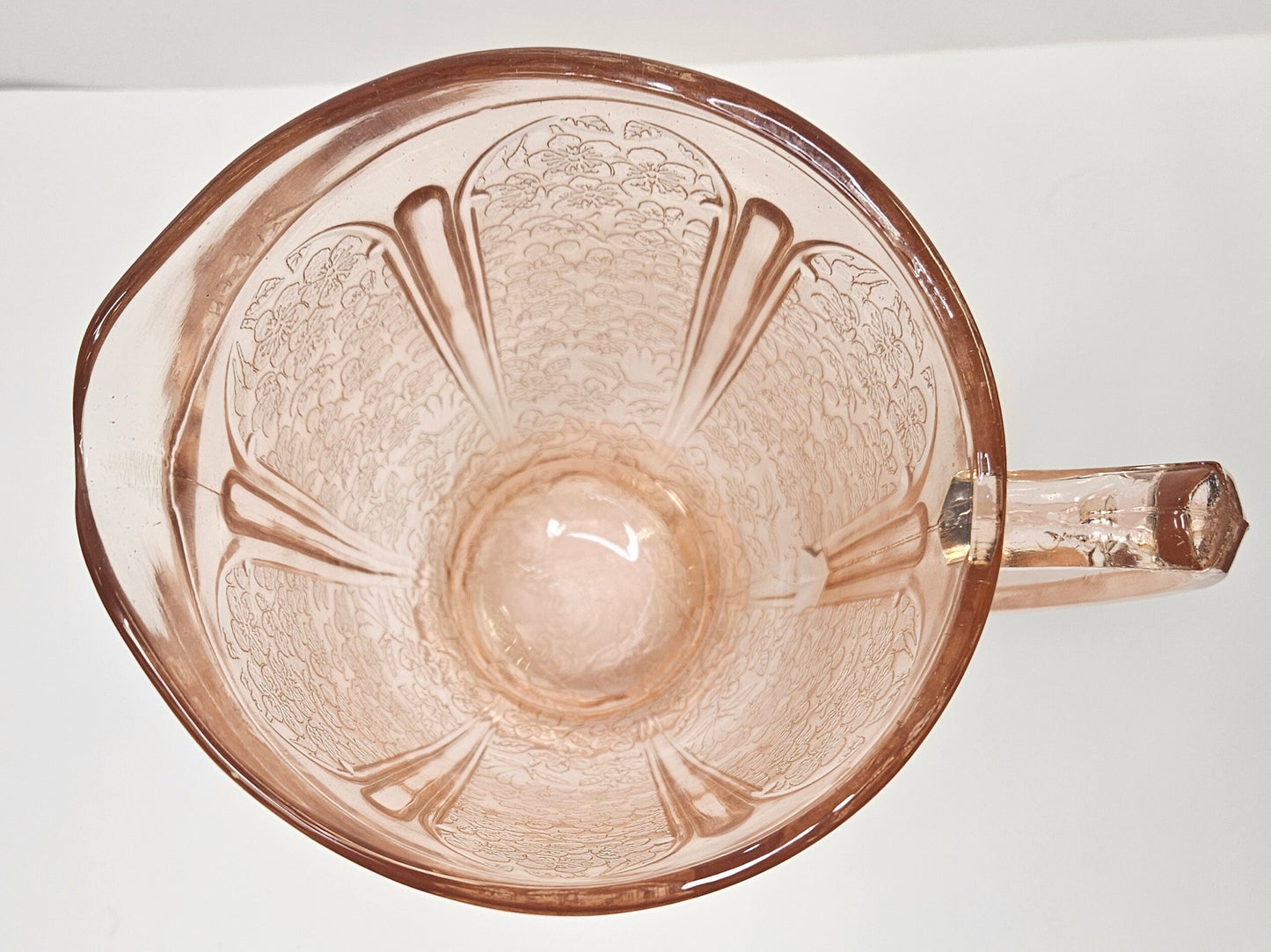Jeannette Blush Pink Cherry Blossom Glass 36 ounce Pitcher- Depression Glass Floral Berry Pattern - Pink Jeanette Depression Glass Pitcher