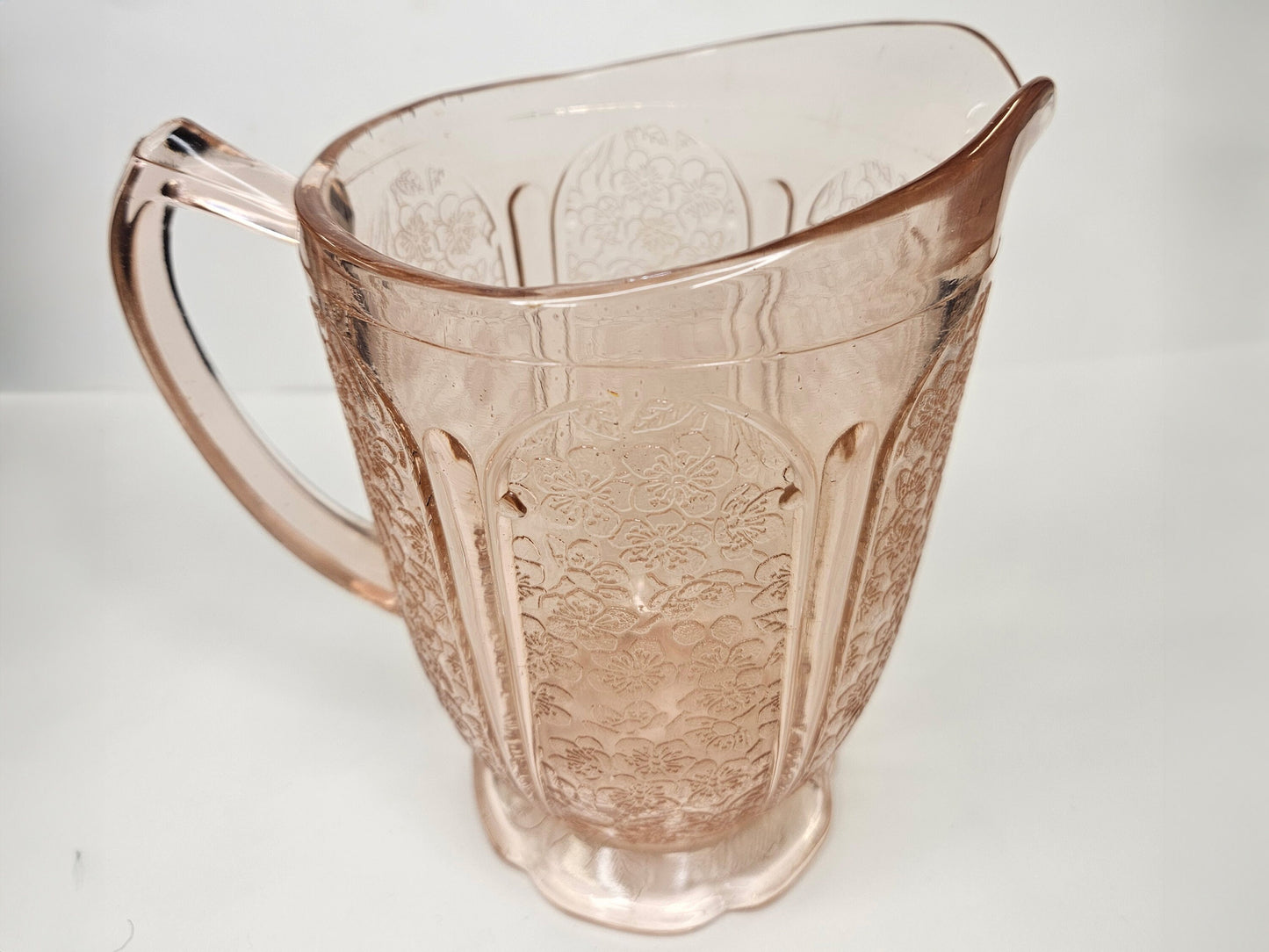 Jeannette Blush Pink Cherry Blossom Glass 36 ounce Pitcher- Depression Glass Floral Berry Pattern - Pink Jeanette Depression Glass Pitcher