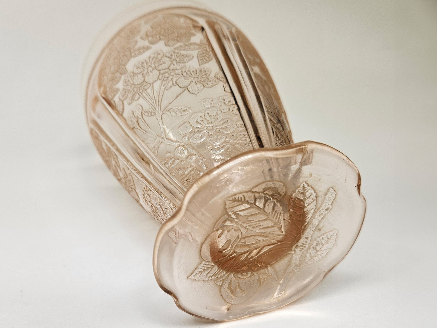 Jeannette Cherry Blossom Footed Tumbler- 4 Available Sold Individually -Scalloped Floral Depression Glass - Pink Depression Glass Tumblers