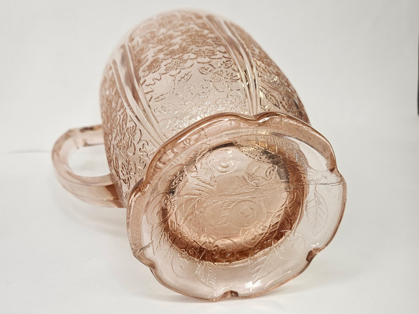 Jeannette Blush Pink Cherry Blossom Glass 36 ounce Pitcher- Depression Glass Floral Berry Pattern - Pink Jeanette Depression Glass Pitcher