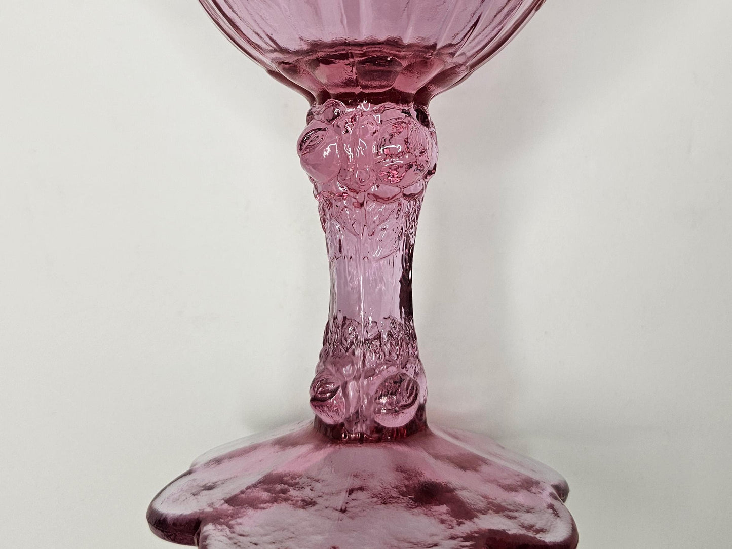 Fenton Cabbage Rose Pattern Pink Cranberry Pedestal Compote- Dusty Rose Footed Glass Dish With Ruffle Crimped Edge by Fenton