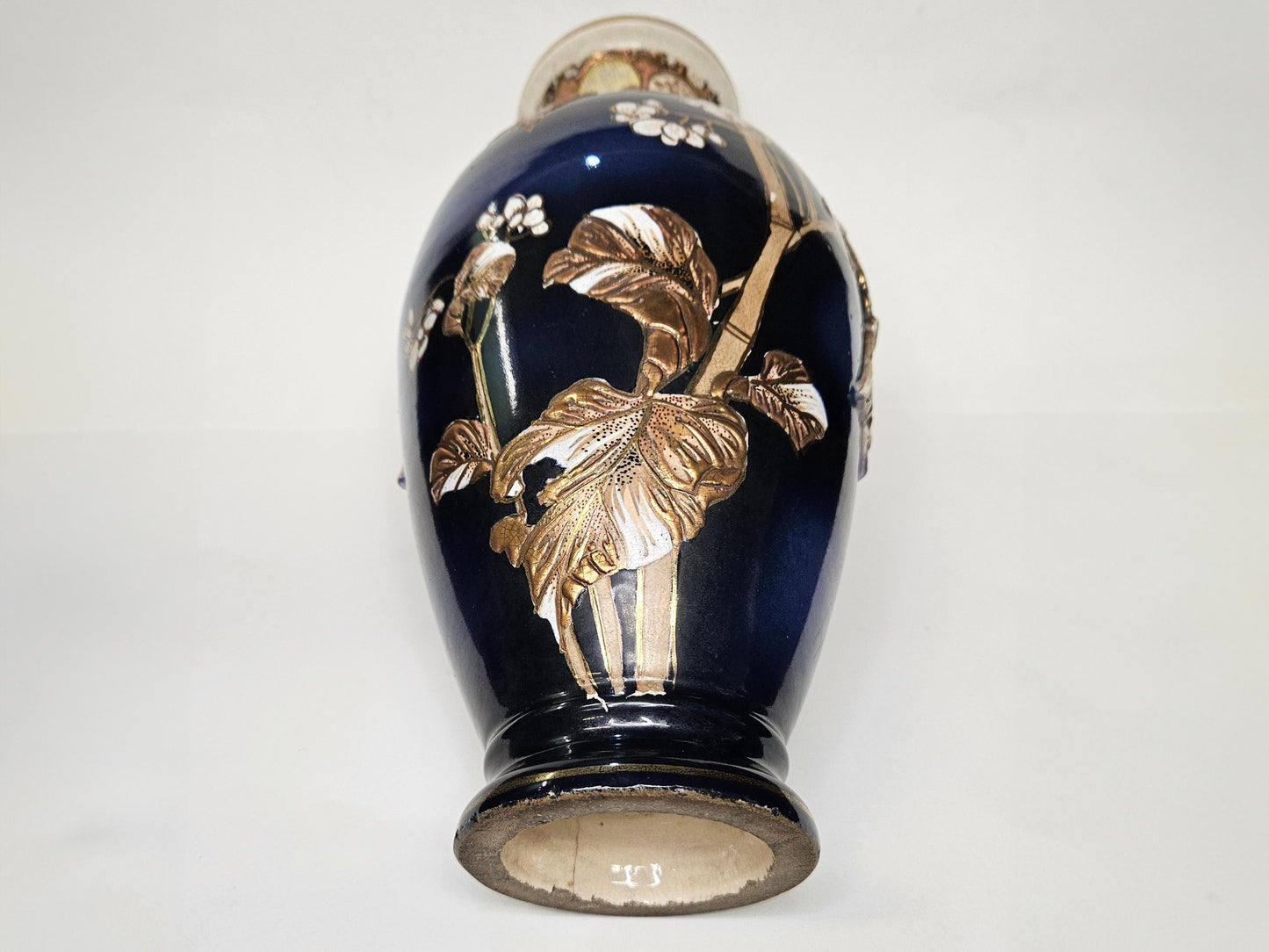 Japanese Cobalt Satsuma Kinkozam Vase with Kenran-de (Gold Paint) on Decorative Relief- 1910 - 1920 Meiji Period- 12.5" w/Elephant Handles