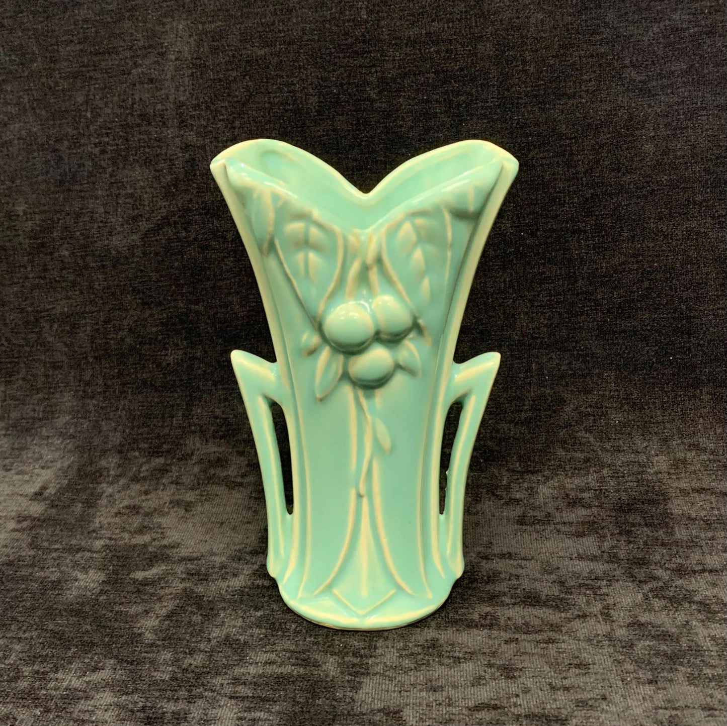 Aqua Blue Leaves and Berries with Handles McCoy Vase - 5.75" Tall McCoy Vase -